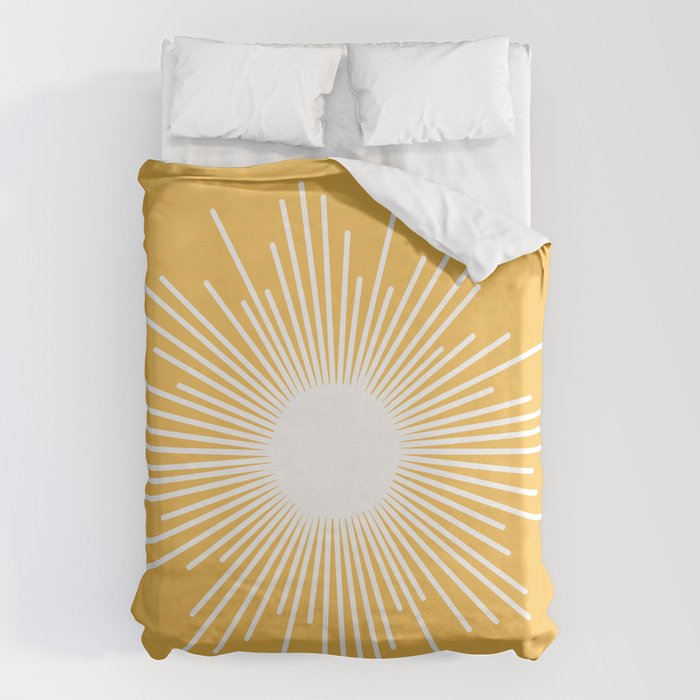 Mid Century Modern Sunburst - Minimalist Sun in Mustard Marigold Yellow and White Duvet Cover Gallery Image 6