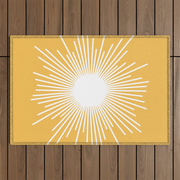 Mid Century Modern Sunburst - Minimalist Sun in Mustard Marigold Yellow and White Outdoor Rug Gallery Image 1