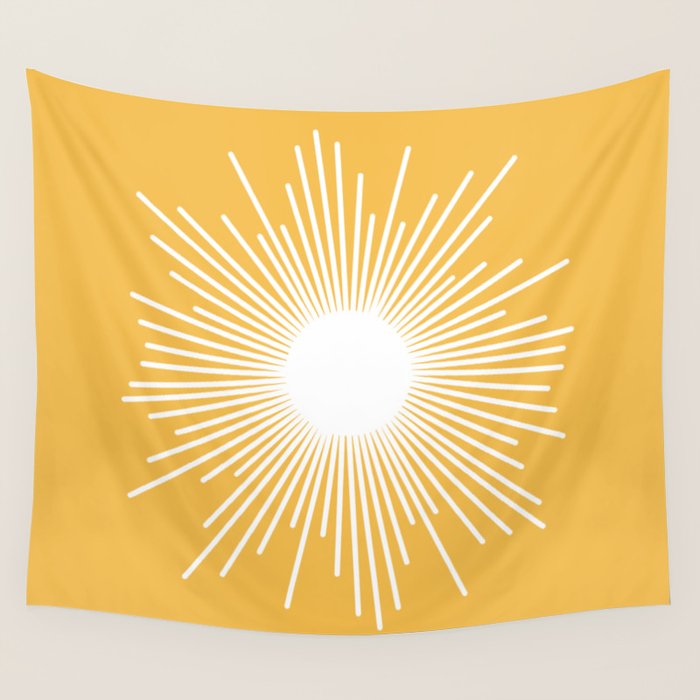 Mid Century Modern Sunburst - Minimalist Sun in Mustard Marigold Yellow and White Wall Tapestry Gallery Image 1