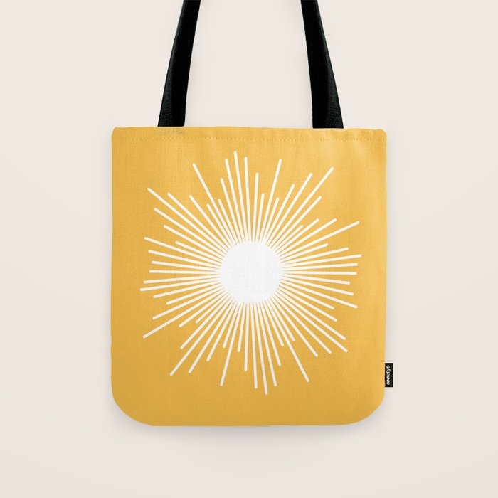 Mid Century Modern Sunburst - Minimalist Sun in Mustard Marigold Yellow and White Tote Bag Gallery Image 1