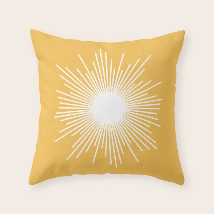 Mid Century Modern Sunburst - Minimalist Sun in Mustard Marigold Yellow and White Throw Pillow Gallery Image 1