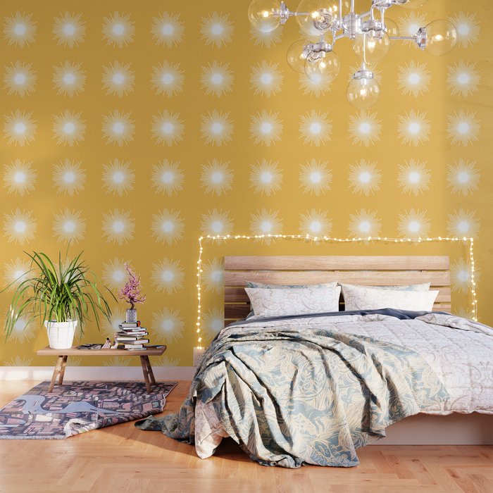 Mid Century Modern Sunburst - Minimalist Sun in Mustard Marigold Yellow and White Wallpaper Gallery Image 1