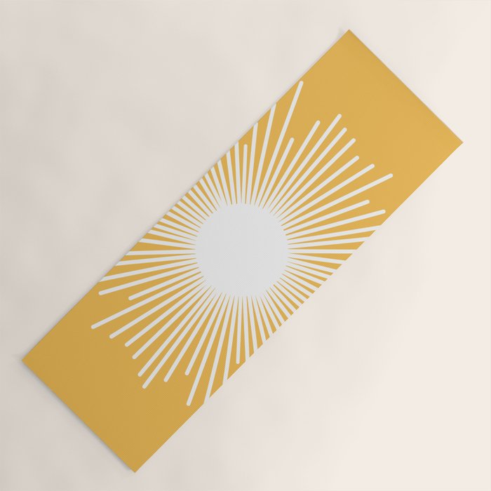 Mid Century Modern Sunburst - Minimalist Sun in Mustard Marigold Yellow and White Yoga Mat Gallery Image 1