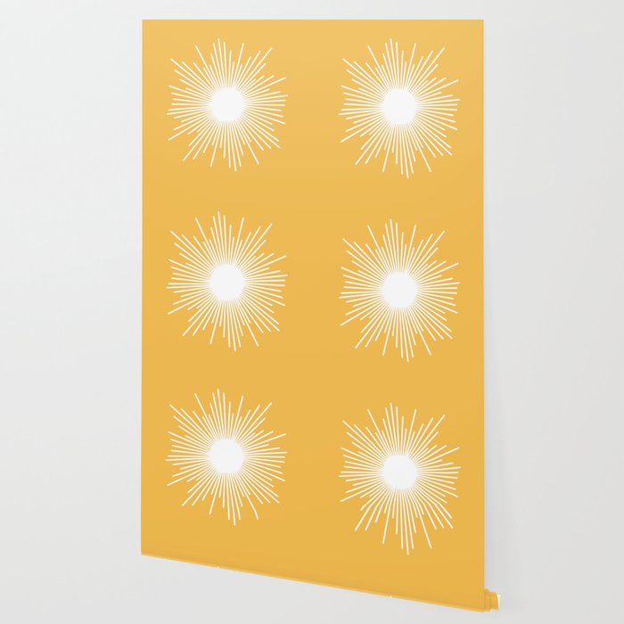 Mid Century Modern Sunburst - Minimalist Sun in Mustard Marigold Yellow and White Wallpaper Gallery Image 2