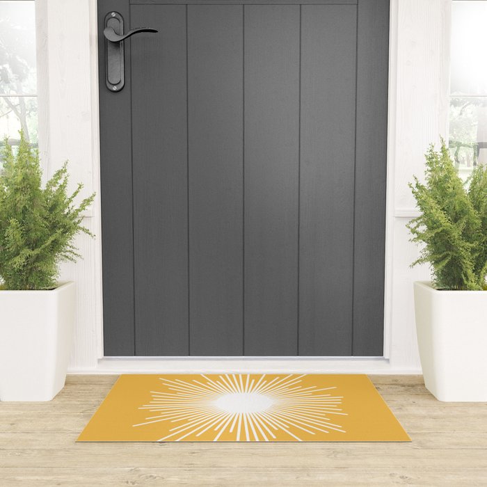Mid Century Modern Sunburst - Minimalist Sun in Mustard Marigold Yellow and White Welcome Mat Gallery Image 3
