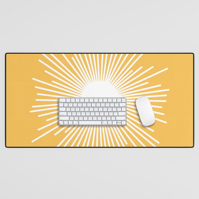 Mid Century Modern Sunburst - Minimalist Sun in Mustard Marigold Yellow and White Desk Mat Gallery Image 1