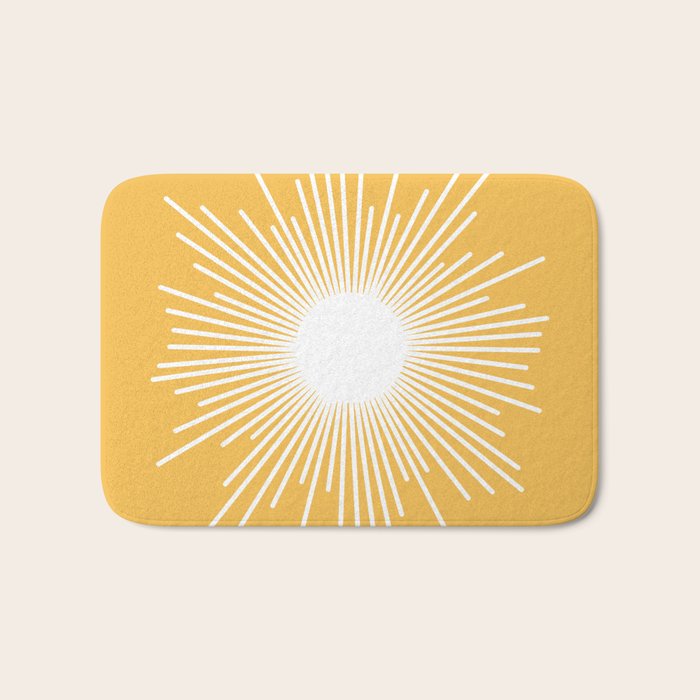 Mid Century Modern Sunburst - Minimalist Sun in Mustard Marigold Yellow and White Bath Mat Gallery Image 1