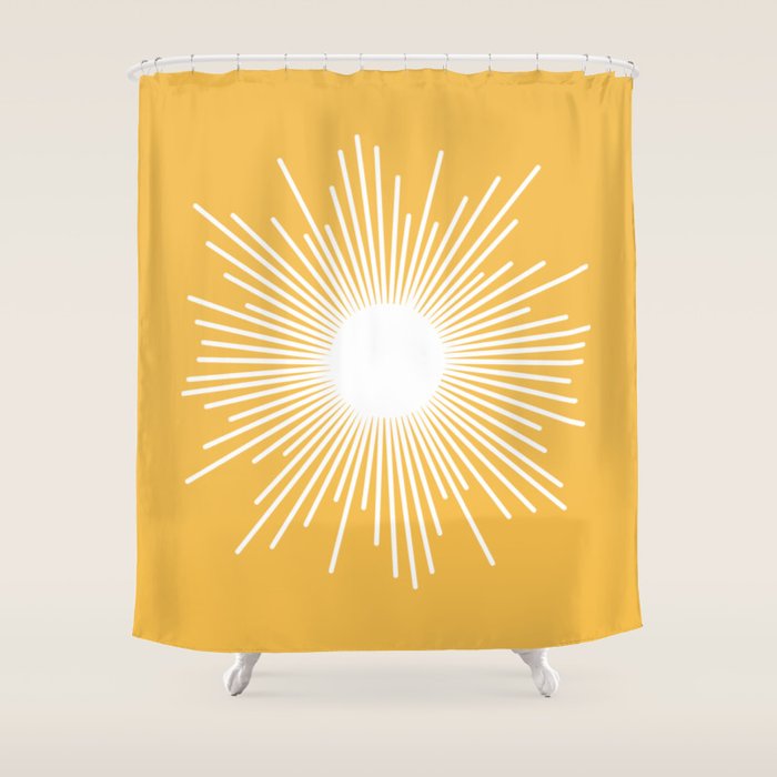 Mid Century Modern Sunburst - Minimalist Sun in Mustard Marigold Yellow and White Shower Curtain Gallery Image 1