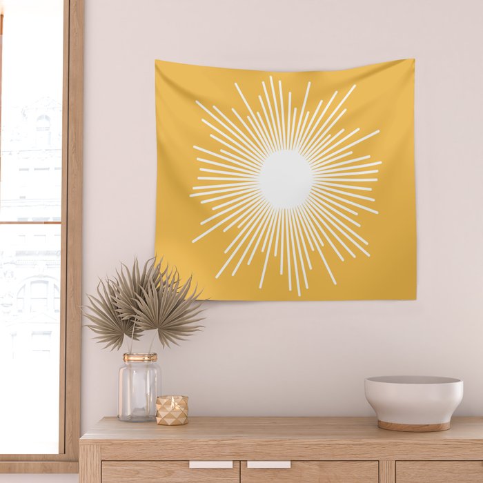 Mid Century Modern Sunburst - Minimalist Sun in Mustard Marigold Yellow and White Wall Tapestry Gallery Image 2
