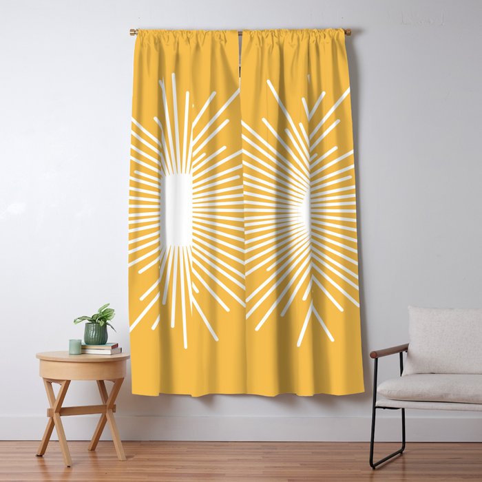 Mid Century Modern Sunburst - Minimalist Sun in Mustard Marigold Yellow and White Window Curtain Gallery Image 1
