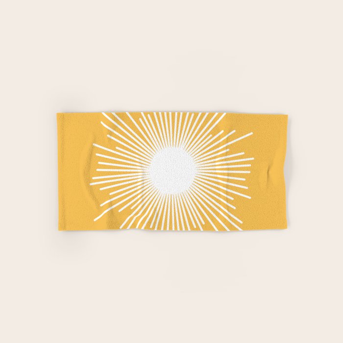 Mid Century Modern Sunburst - Minimalist Sun in Mustard Marigold Yellow and White Bath Towel Gallery Image 1