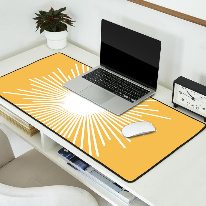Mid Century Modern Sunburst - Minimalist Sun in Mustard Marigold Yellow and White Desk Mat Gallery Image 2