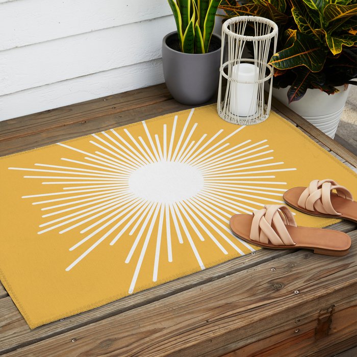 Mid Century Modern Sunburst - Minimalist Sun in Mustard Marigold Yellow and White Outdoor Rug Gallery Image 2