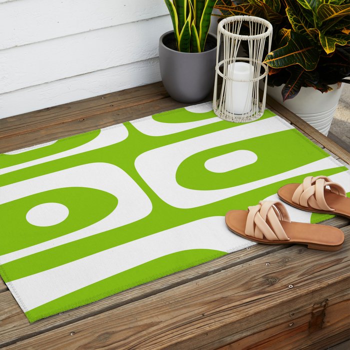 Lime Green Mid Century Modern Piquet Abstract Pattern with White Outdoor Rug Gallery Image 2