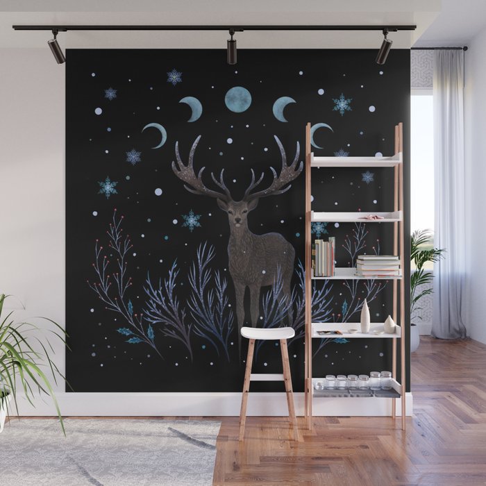 Deer in Winter Night Forest Wall Mural Gallery Image 1