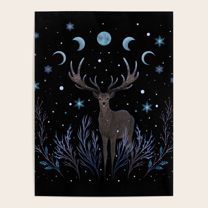 Deer in Winter Night Forest Poster Gallery Image 4
