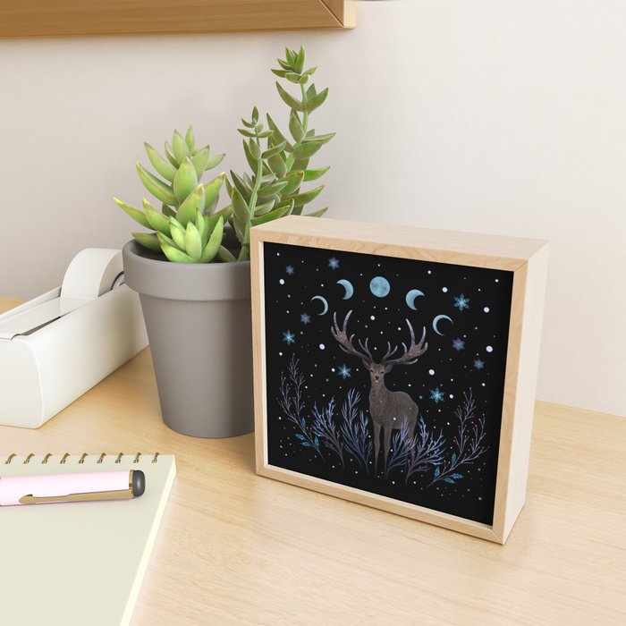 Deer in Winter Night Forest Mini Art Print Gallery Image 2
