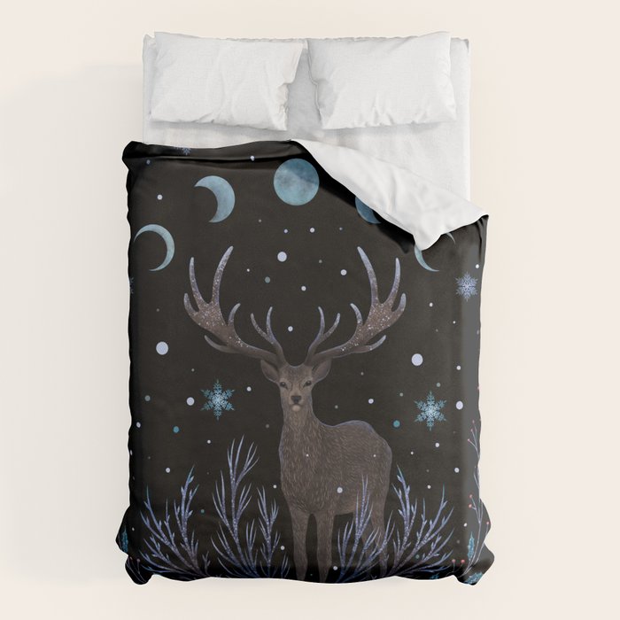 Deer in Winter Night Forest Duvet Cover Gallery Image 1