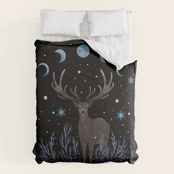 Deer in Winter Night Forest Comforter Gallery Image 6