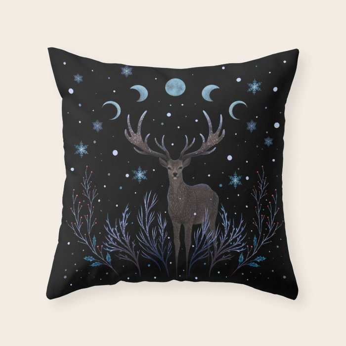 Deer in Winter Night Forest Throw Pillow Gallery Image 1