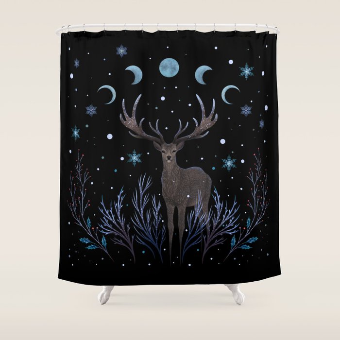 Deer in Winter Night Forest Shower Curtain Gallery Image 1