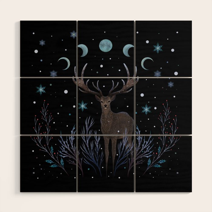Deer in Winter Night Forest Wood Wall Art Gallery Image 1