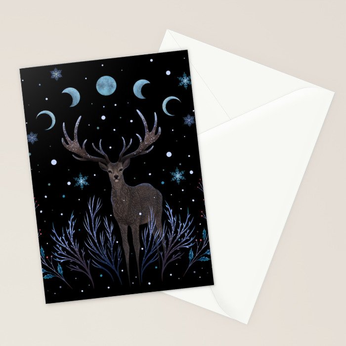 Deer in Winter Night Forest Stationery Card Gallery Image 2
