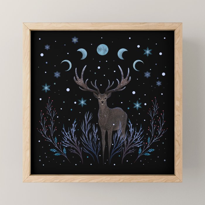 Deer in Winter Night Forest Mini Art Print Gallery Image 1