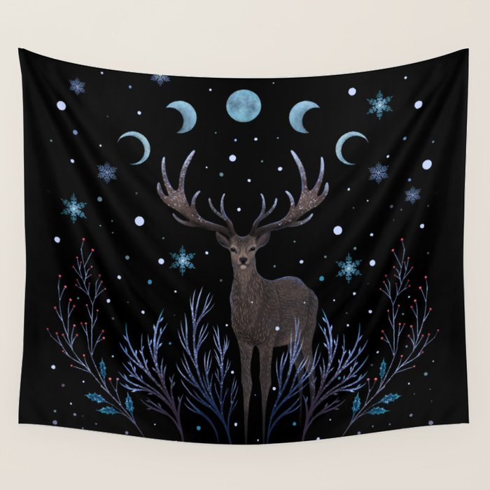 Deer in Winter Night Forest Wall Tapestry Gallery Image 1