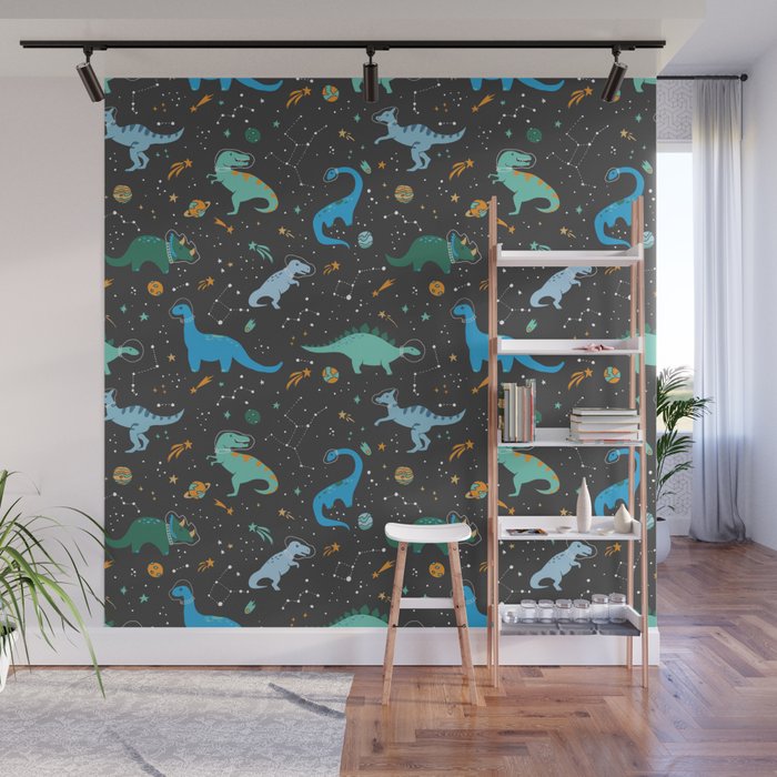 Dinosaurs in Space in Blue Wall Mural Gallery Image 1