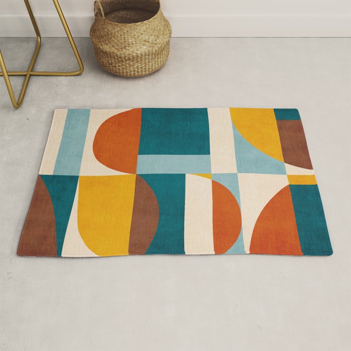 Burnt Orange Teal Yellow Geometric Abstract Rug Gallery Image 1