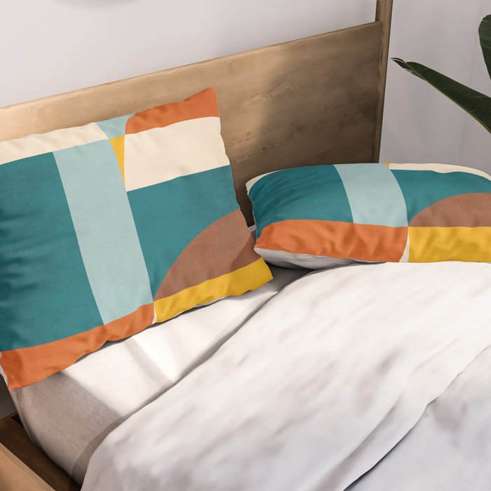 Burnt Orange Teal Yellow Geometric Abstract Pillow Sham Gallery Image 2