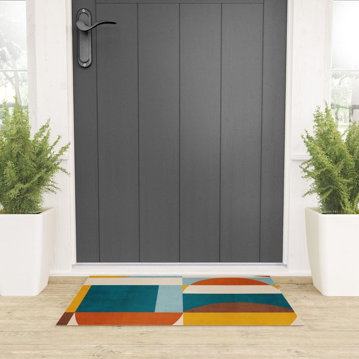Burnt Orange Teal Yellow Geometric Abstract Welcome Mat Gallery Image 3