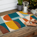 Burnt Orange Teal Yellow Geometric Abstract Outdoor Rug Gallery Image 2