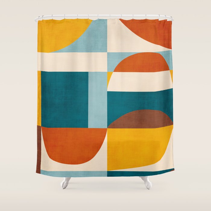 Burnt Orange Teal Yellow Geometric Abstract Shower Curtain Gallery Image 1