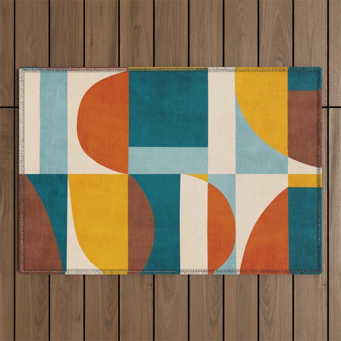 Burnt Orange Teal Yellow Geometric Abstract Outdoor Rug Gallery Image 1