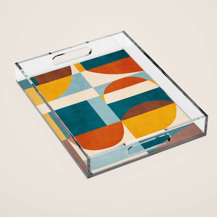 Burnt Orange Teal Yellow Geometric Abstract Acrylic Tray Gallery Image 1