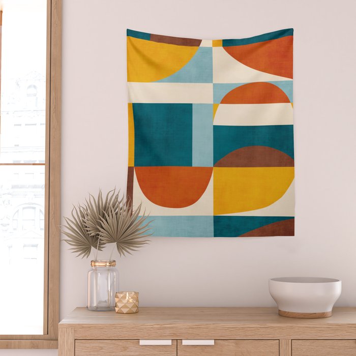 Burnt Orange Teal Yellow Geometric Abstract Wall Tapestry Gallery Image 2