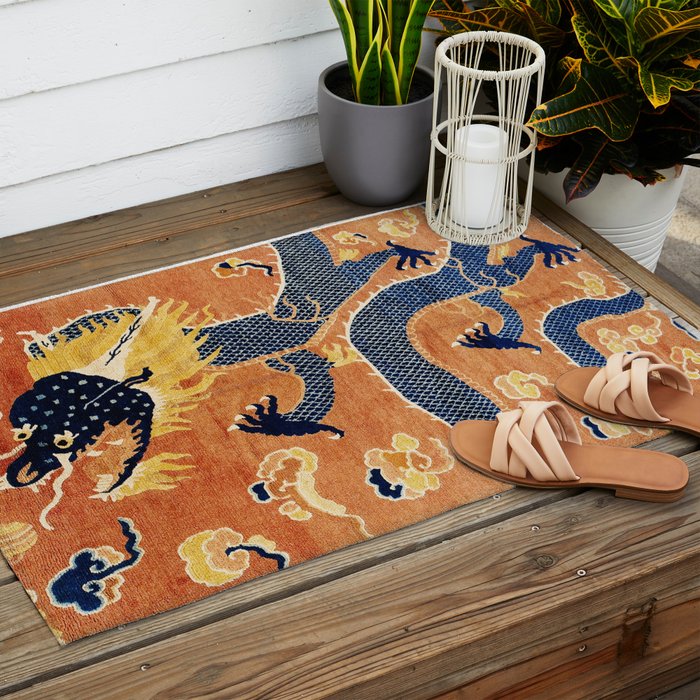 Ningxia Blue Dragon Chinese Pillar Antique Rug Print Outdoor Rug Gallery Image 2