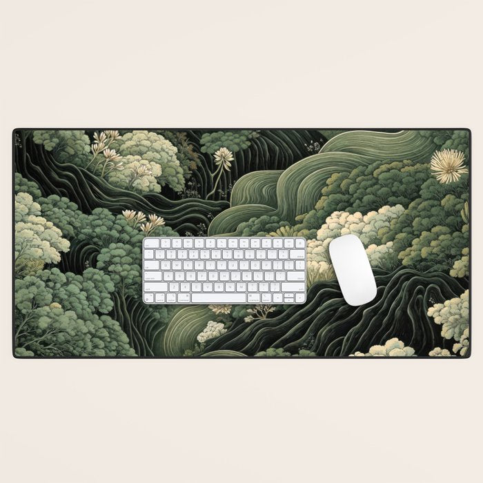 Japanese Painting Green Forest Art Dopamine Decor Wabi Sabi Art Maximalist Wall Art Japandi Art Desk Mat Gallery Image 1