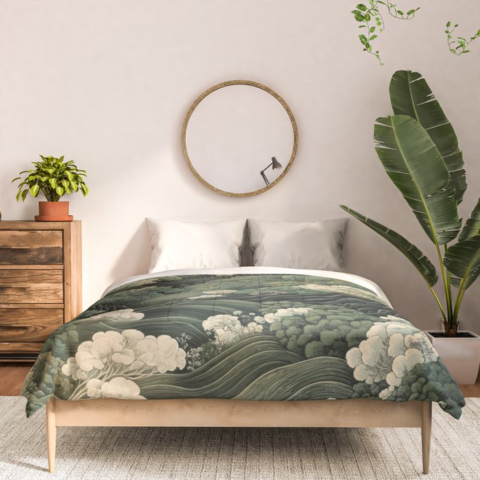 Japanese Painting Green Forest Art Dopamine Decor Wabi Sabi Art Maximalist Wall Art Japandi Art Comforter Gallery Image 3
