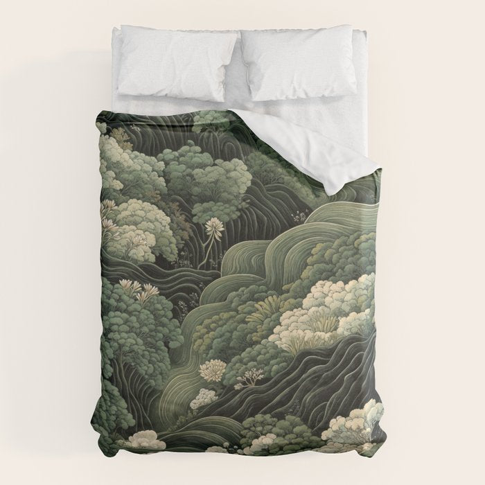 Japanese Painting Green Forest Art Dopamine Decor Wabi Sabi Art Maximalist Wall Art Japandi Art Duvet Cover Gallery Image 6