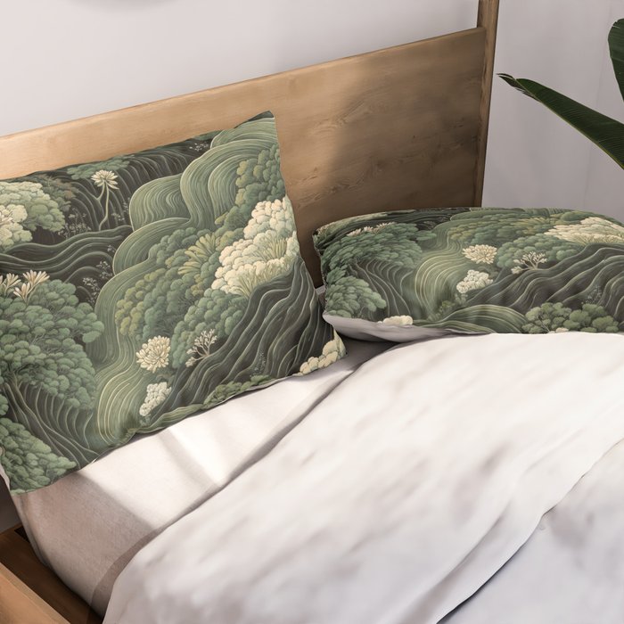 Japanese Painting Green Forest Art Dopamine Decor Wabi Sabi Art Maximalist Wall Art Japandi Art Pillow Sham Gallery Image 2