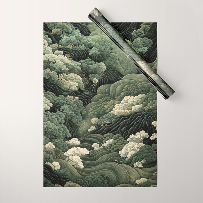 Japanese Painting Green Forest Art Dopamine Decor Wabi Sabi Art Maximalist Wall Art Japandi Art Wrapping Paper Gallery Image 1