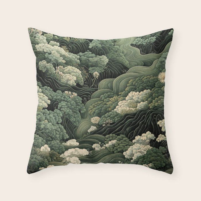 Japanese Painting Green Forest Art Dopamine Decor Wabi Sabi Art Maximalist Wall Art Japandi Art Throw Pillow Gallery Image 6