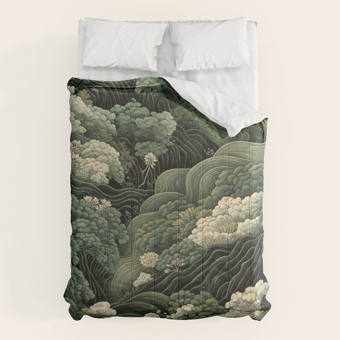 Japanese Painting Green Forest Art Dopamine Decor Wabi Sabi Art Maximalist Wall Art Japandi Art Comforter Gallery Image 6
