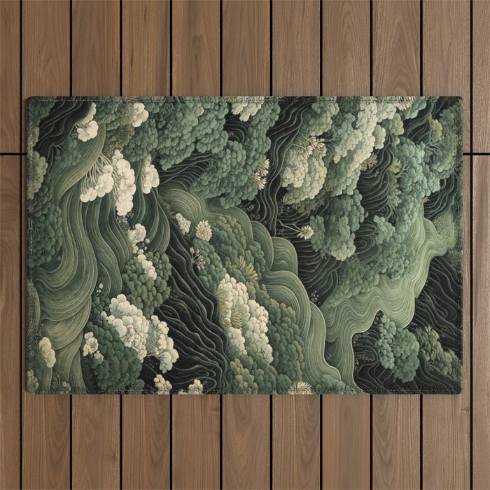 Japanese Painting Green Forest Art Dopamine Decor Wabi Sabi Art Maximalist Wall Art Japandi Art Outdoor Rug Gallery Image 1