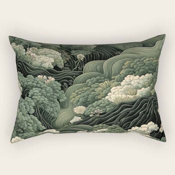 Japanese Painting Green Forest Art Dopamine Decor Wabi Sabi Art Maximalist Wall Art Japandi Art Rectangular Pillow Gallery Image 2