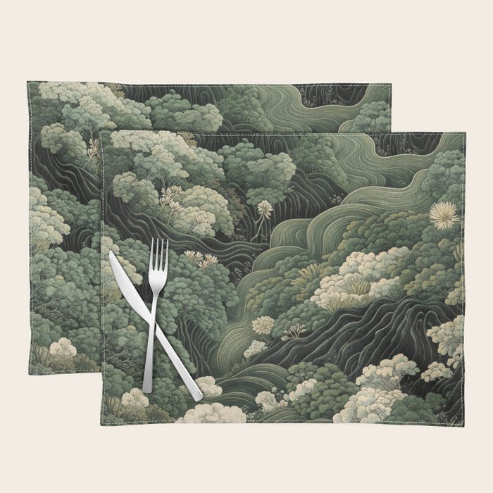 Japanese Painting Green Forest Art Dopamine Decor Wabi Sabi Art Maximalist Wall Art Japandi Art Placemat Gallery Image 1