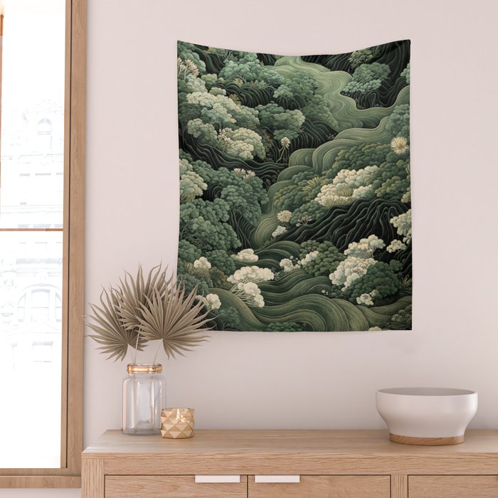 Japanese Painting Green Forest Art Dopamine Decor Wabi Sabi Art Maximalist Wall Art Japandi Art Wall Tapestry Gallery Image 2